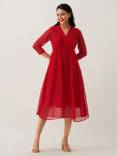 Red Wine Chiffon Brasso Swiss Dot V-Neck Dress